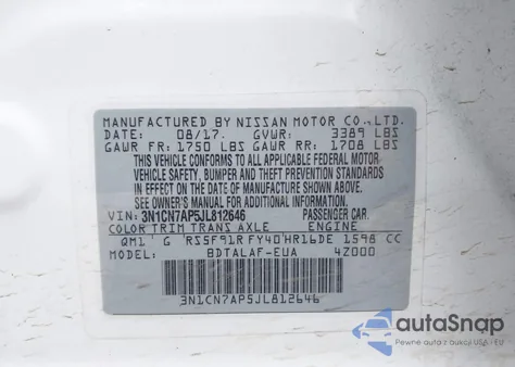 2018 Nissan Versa 1.6 S z USA, uszkodzony, nr VIN 3N1CN7AP5JL812646